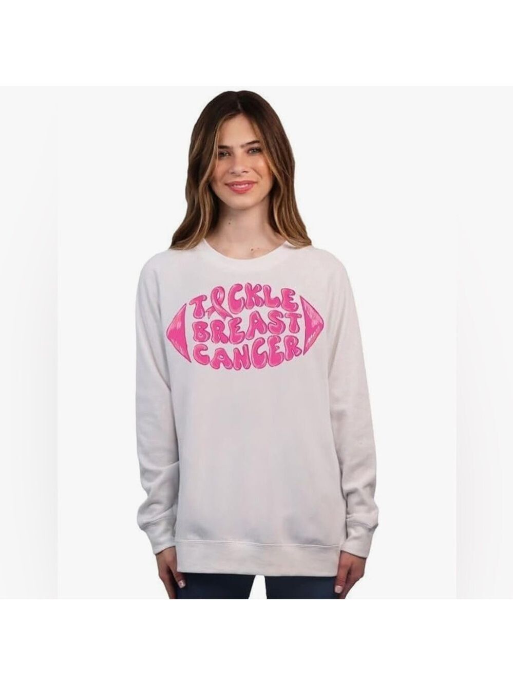 Simply Southern Tackle Breast Cancer Sweater Women’s L Snow Crewneck Long Sleeve